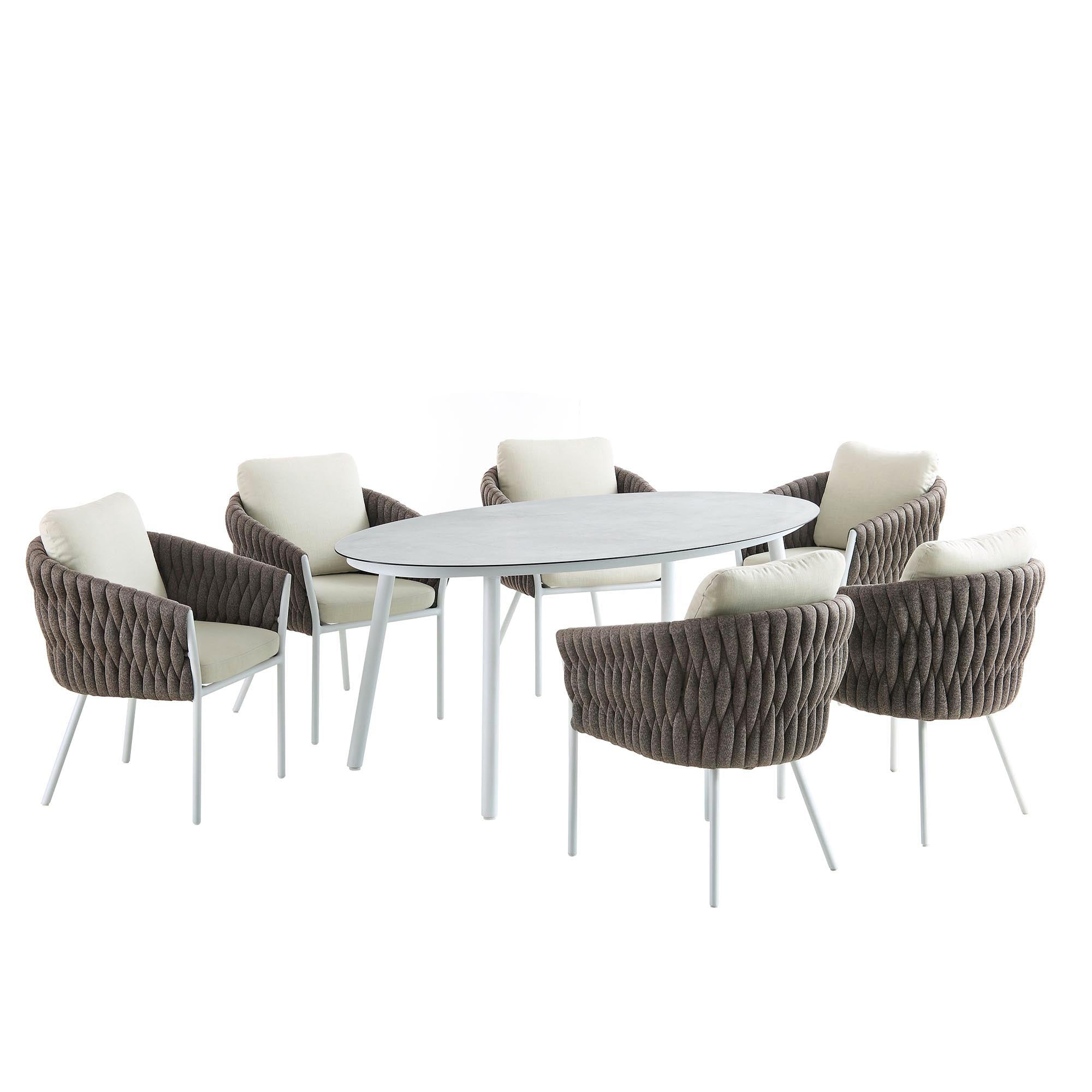 Montebello 6-Seater Outdoor Taupe Rope and Aluminium Oval Dining Set with White Ceramic Dining Table