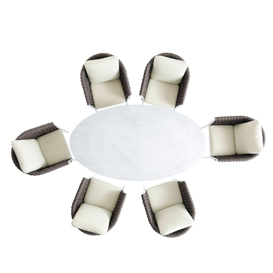 Montebello 6-Seater Outdoor Taupe Rope and Aluminium Oval Dining Set with White Ceramic Dining Table