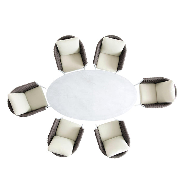 Montebello 6-Seater Outdoor Taupe Rope and Aluminium Oval Dining Set with White Ceramic Dining Table