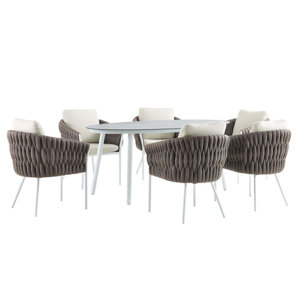 Montebello 6-Seater Outdoor Taupe Rope and Aluminium Oval Dining Set with White Ceramic Dining Table