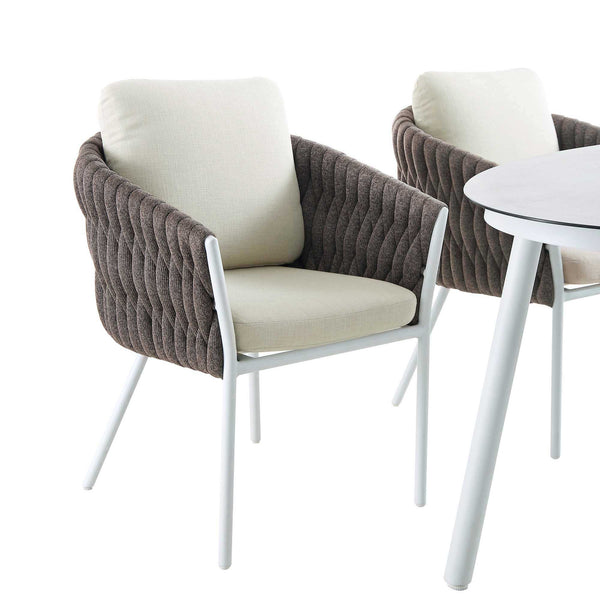 Montebello 6-Seater Outdoor Taupe Rope and Aluminium Oval Dining Set with White Ceramic Dining Table