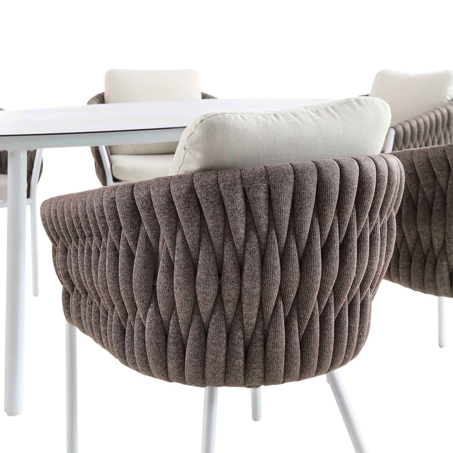 Montebello 6-Seater Outdoor Taupe Rope and Aluminium Oval Dining Set with White Ceramic Dining Table
