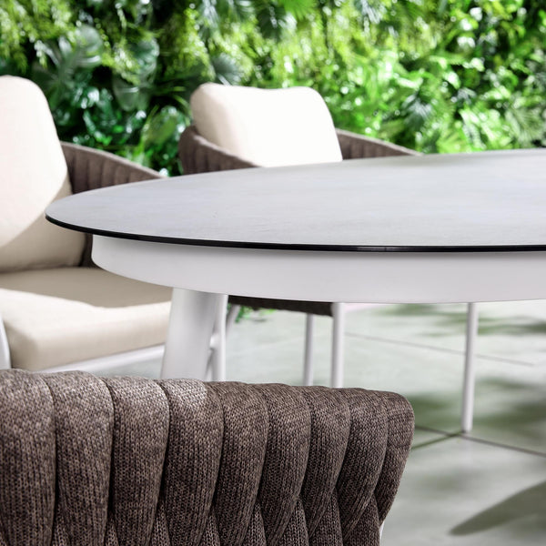 Montebello 6-Seater Outdoor Taupe Rope and Aluminium Oval Dining Set with White Ceramic Dining Table