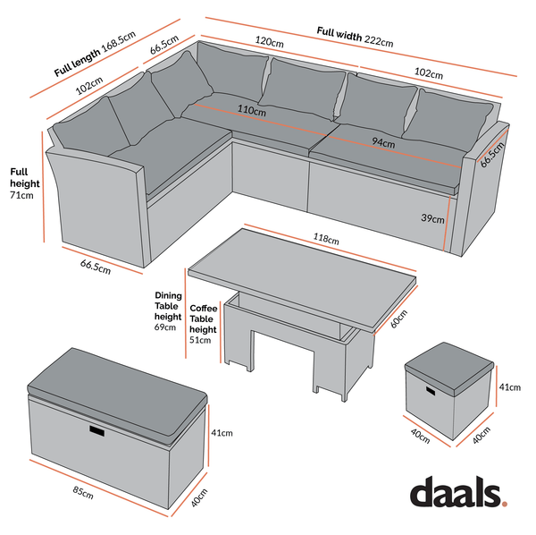 Granchester Rattan Rectangular Corner Dining Sofa Set with Rising Table, Natural