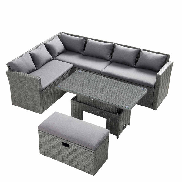 Granchester Rattan Rectangular Corner Dining Sofa Set with Rising Table, Grey