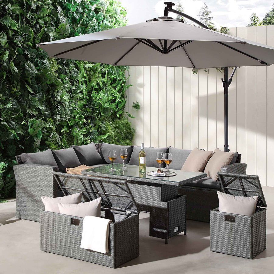 Granchester Rattan Rectangular Corner Dining Sofa Set with Rising Table, Grey