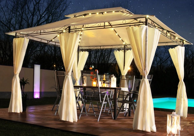 St Lucia 3 x 4m Gazebo with Curtains Canopy Party Tent with 60pcs Solar LED Lights in Beige