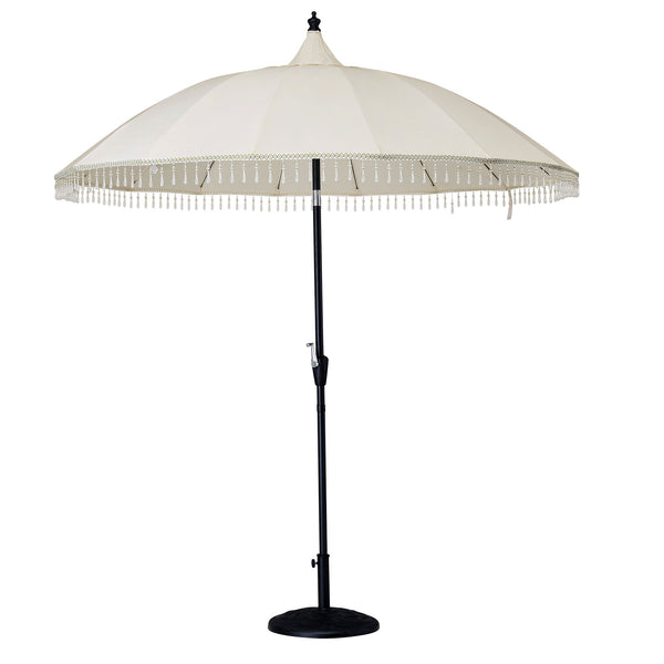 Hacienda 2.4M Beige Beaded Carousel Garden Parasol with Fringe Tassels and Aluminium Tilt