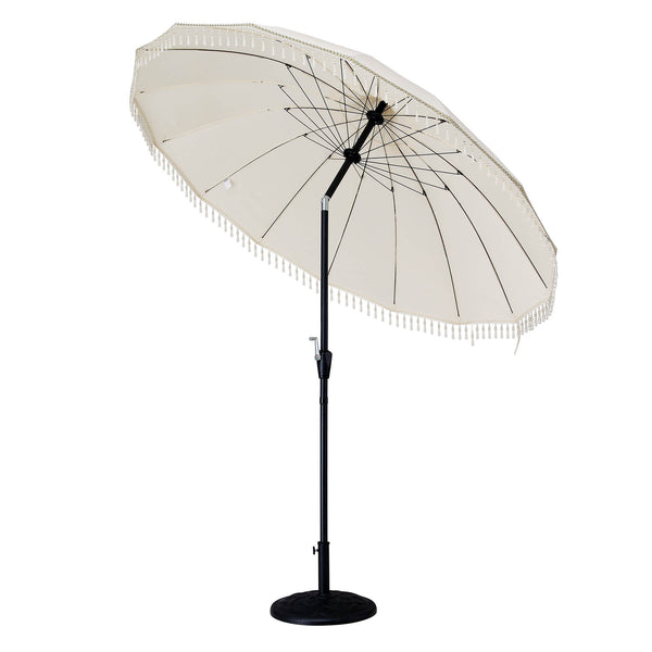 Hacienda 2.4M Beige Beaded Carousel Garden Parasol with Fringe Tassels and Aluminium Tilt