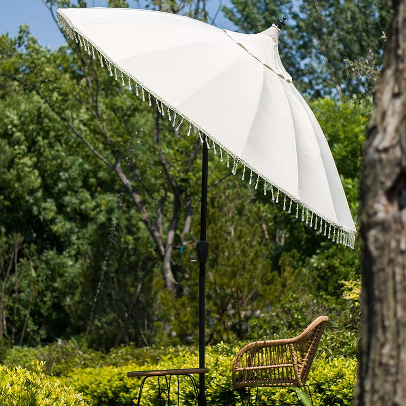 Hacienda 2.4M Beige Beaded Carousel Garden Parasol with Fringe Tassels and Aluminium Tilt