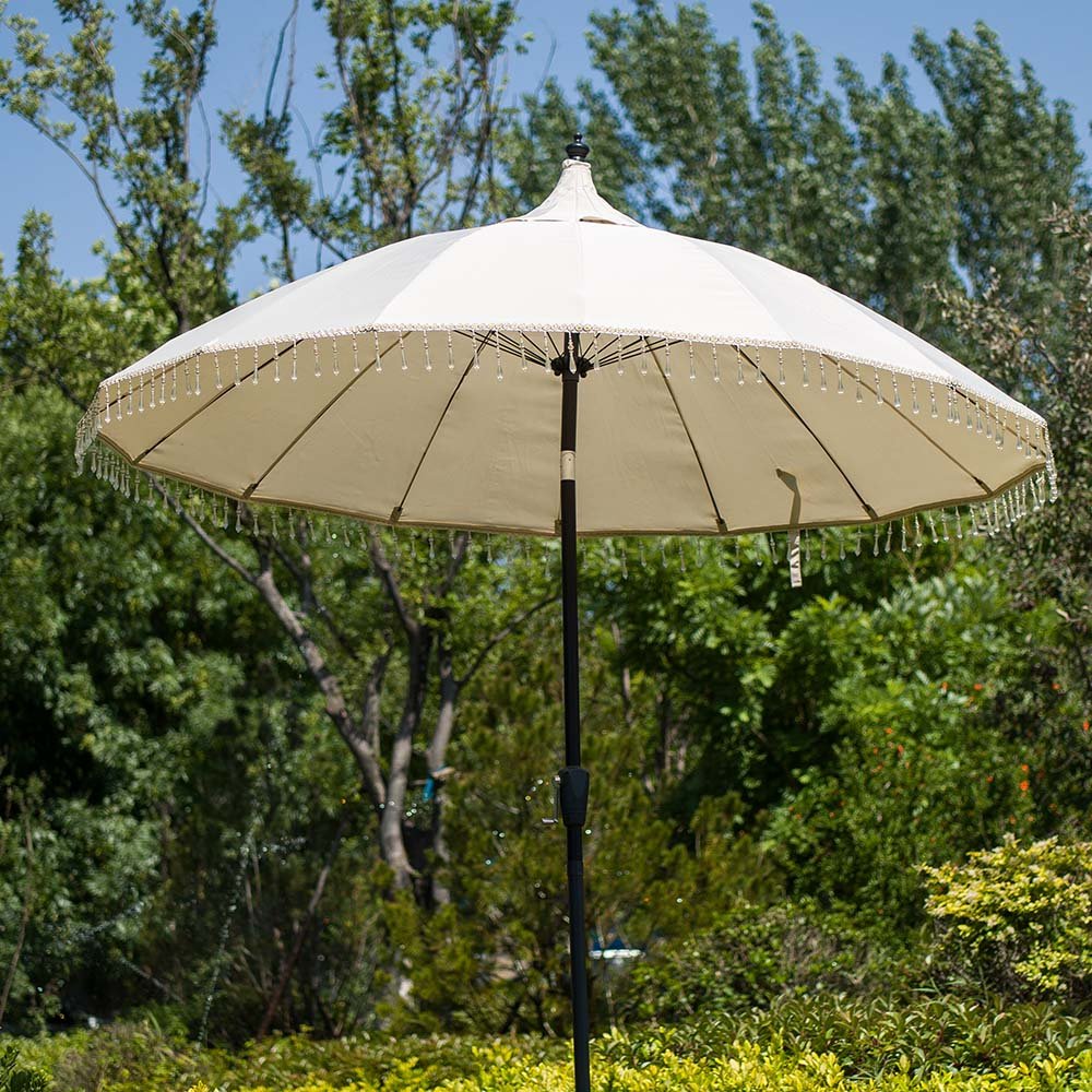 carousel patio umbrella Hacienda 2.4M Beige Beaded Carousel Garden Parasol with Fringe Tassels