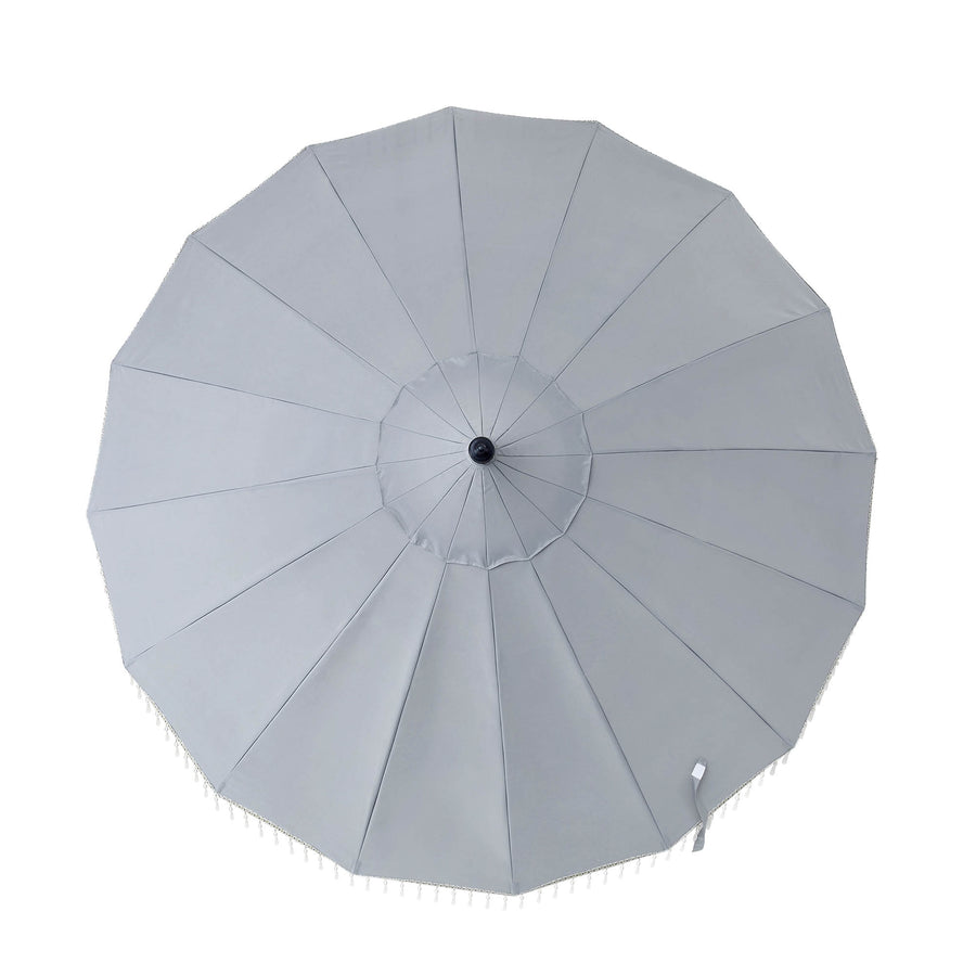 Hacienda 2.4M Light Grey Beaded Carousel Garden Parasol with Fringe Tassels and Aluminium Tilt
