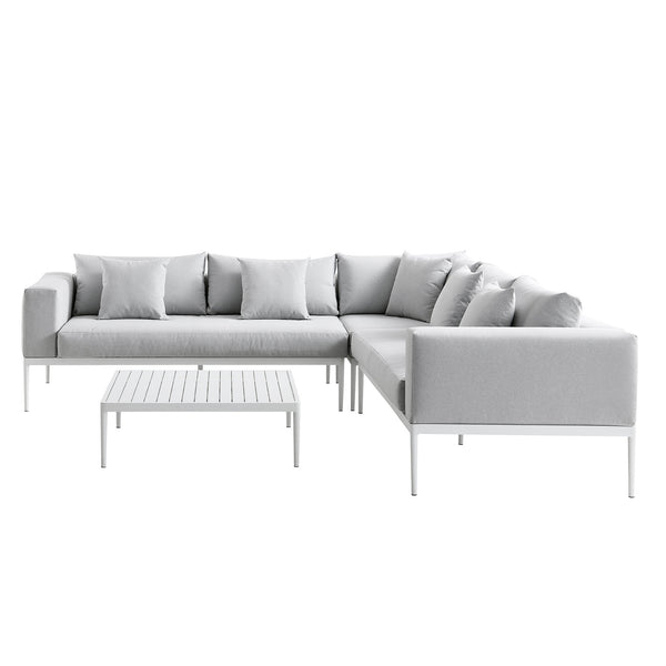 Calabasas Large Outdoor Fabric Aluminium Frame Corner Sofa Set with Coffee Table, Light Grey