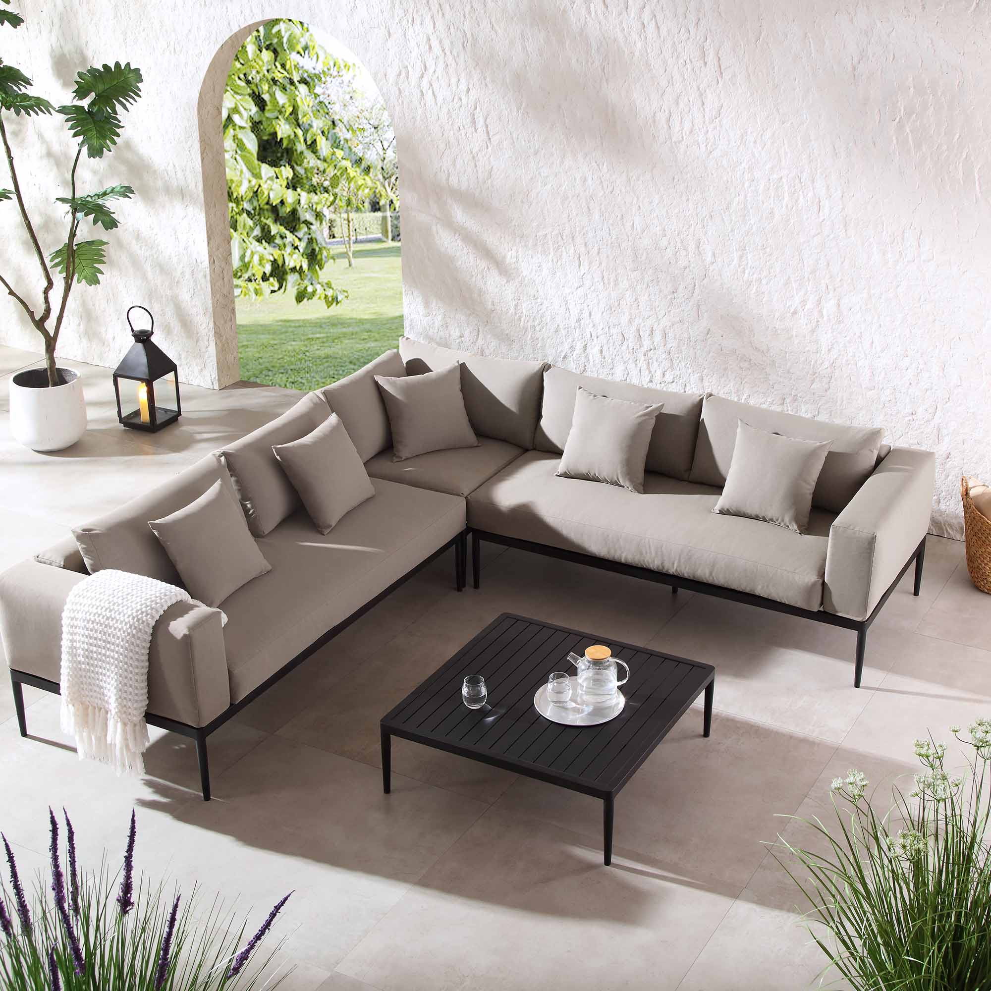 Calabasas Large Outdoor Fabric Aluminium Frame Corner Sofa Set with Coffee Table, Taupe
