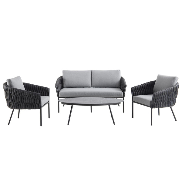 Montebello 4-Seater Outdoor Black Rope and Aluminium Sofa Set with Grey Ceramic Coffee Table