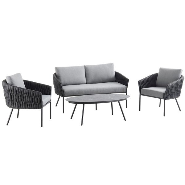 Montebello 4-Seater Outdoor Black Rope and Aluminium Sofa Set with Grey Ceramic Coffee Table
