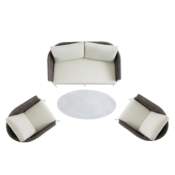 Montebello 4-Seater Outdoor Taupe Rope and Aluminium Sofa Set with White Ceramic Coffee Table