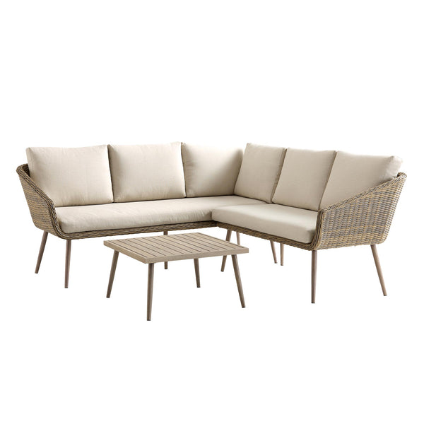 Cliveden Outdoor Aluminium Washed Wood Effect and Round Wicker Rattan Corner Sofa Set