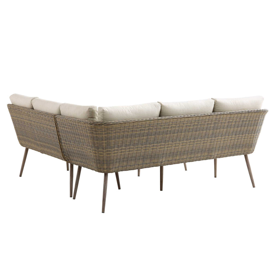 Cliveden Outdoor Aluminium Washed Wood Effect and Round Wicker Rattan Corner Sofa Set