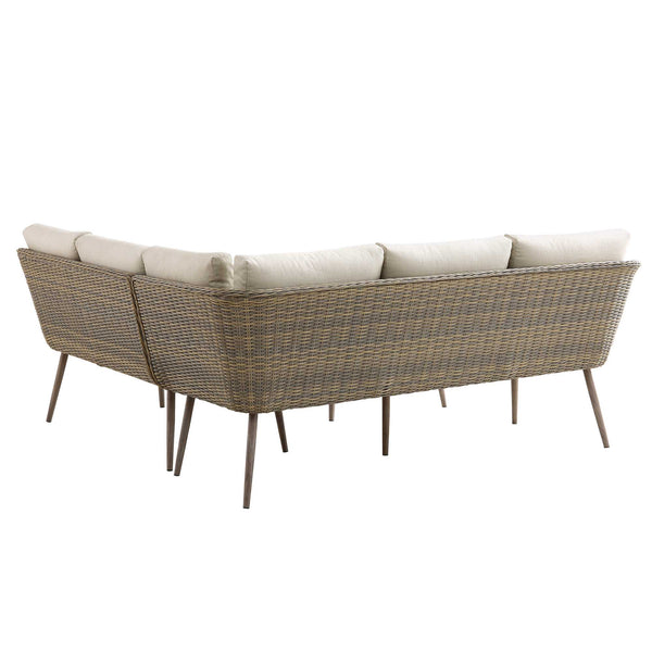 Cliveden Outdoor Aluminium Washed Wood Effect and Round Wicker Rattan Corner Sofa Set