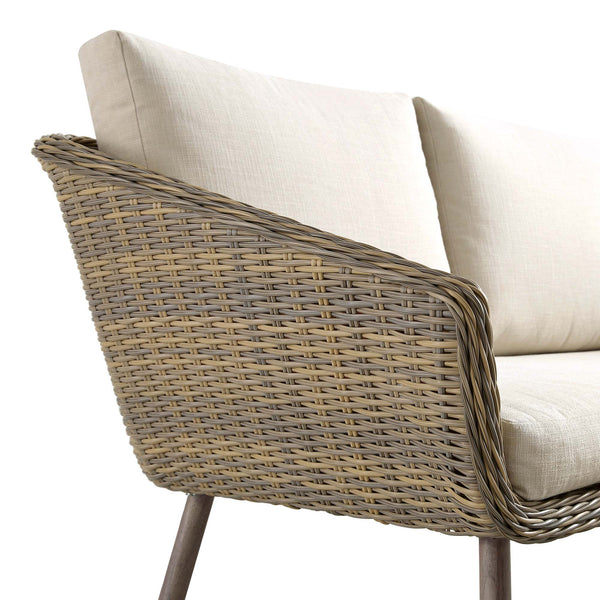 Cliveden Outdoor Aluminium Washed Wood Effect and Round Wicker Rattan Corner Sofa Set