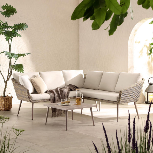 Cliveden Outdoor Aluminium Washed Wood Effect and Round Wicker Rattan Corner Sofa Set
