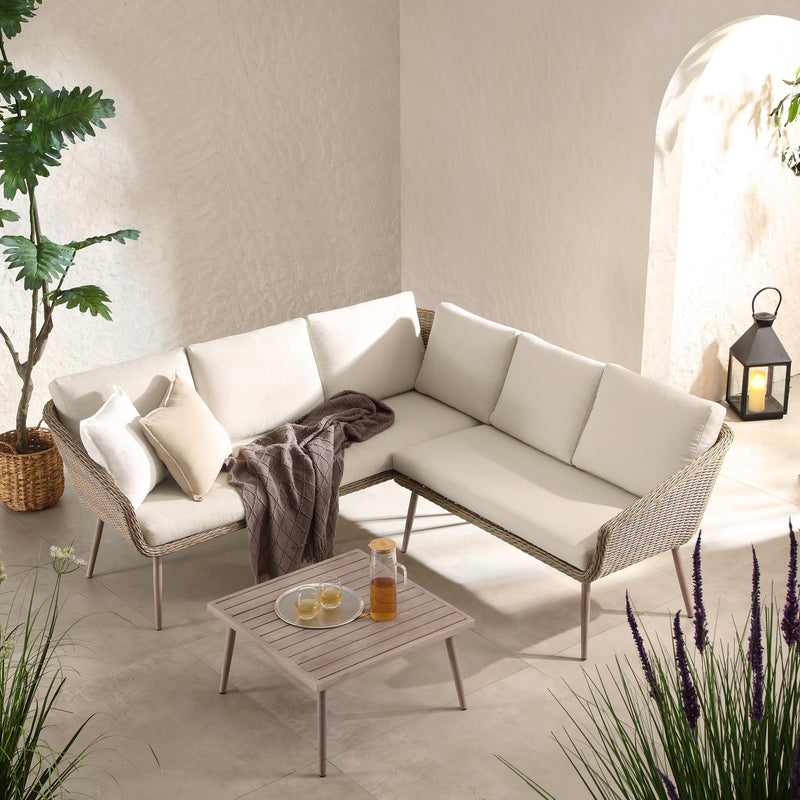 Cliveden Outdoor Aluminium Washed Wood Effect and Round Wicker Rattan Corner Sofa Set