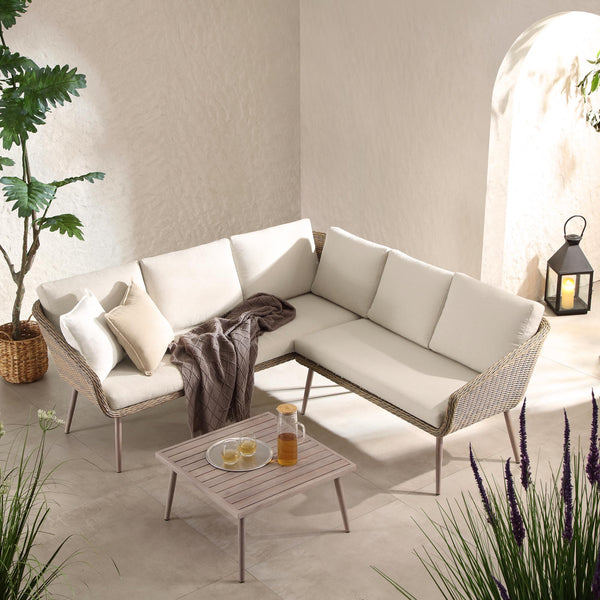 Cliveden Outdoor Aluminium Washed Wood Effect and Round Wicker Rattan Corner Sofa Set