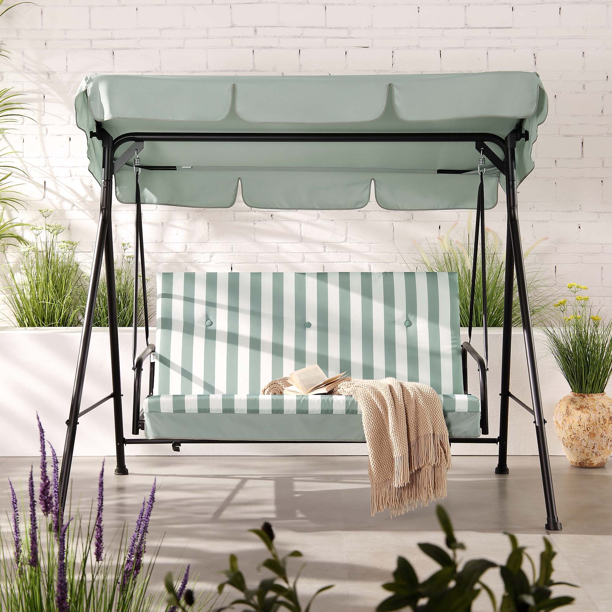Champneys Outdoor Reclining Swing with Canopy, Sage Green Striped