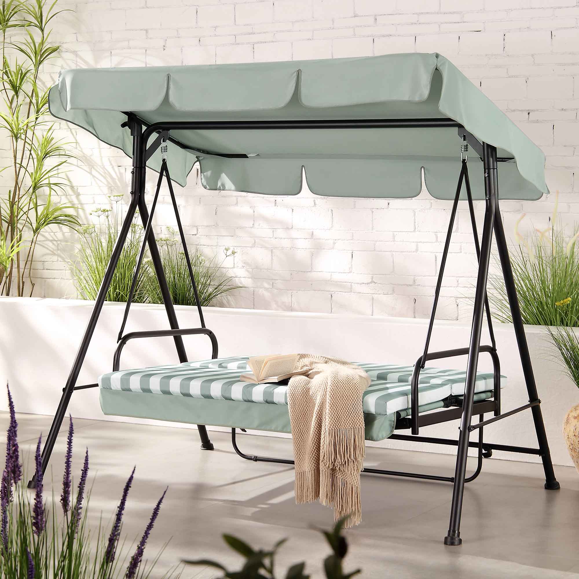 Champneys Outdoor Reclining Swing with Canopy, Sage Green Striped | daals