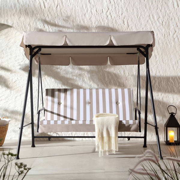 Champneys Outdoor Reclining Swing with Canopy, Taupe Striped