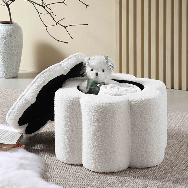 Pollie White Teddy Boucle Storage Stool - daals