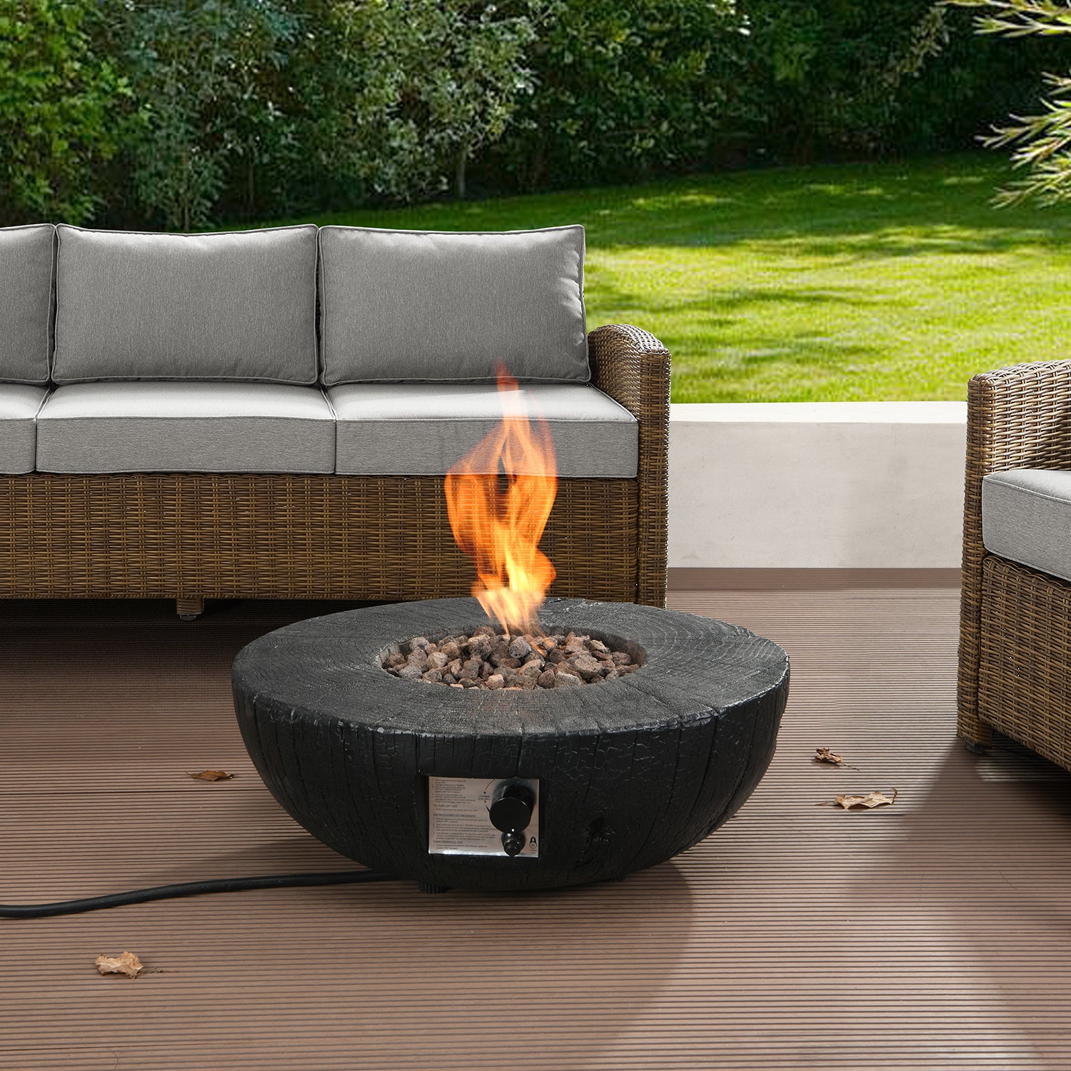 Round Outdoor Charred Wood Effect Concrete Gas Fire Bowl daals