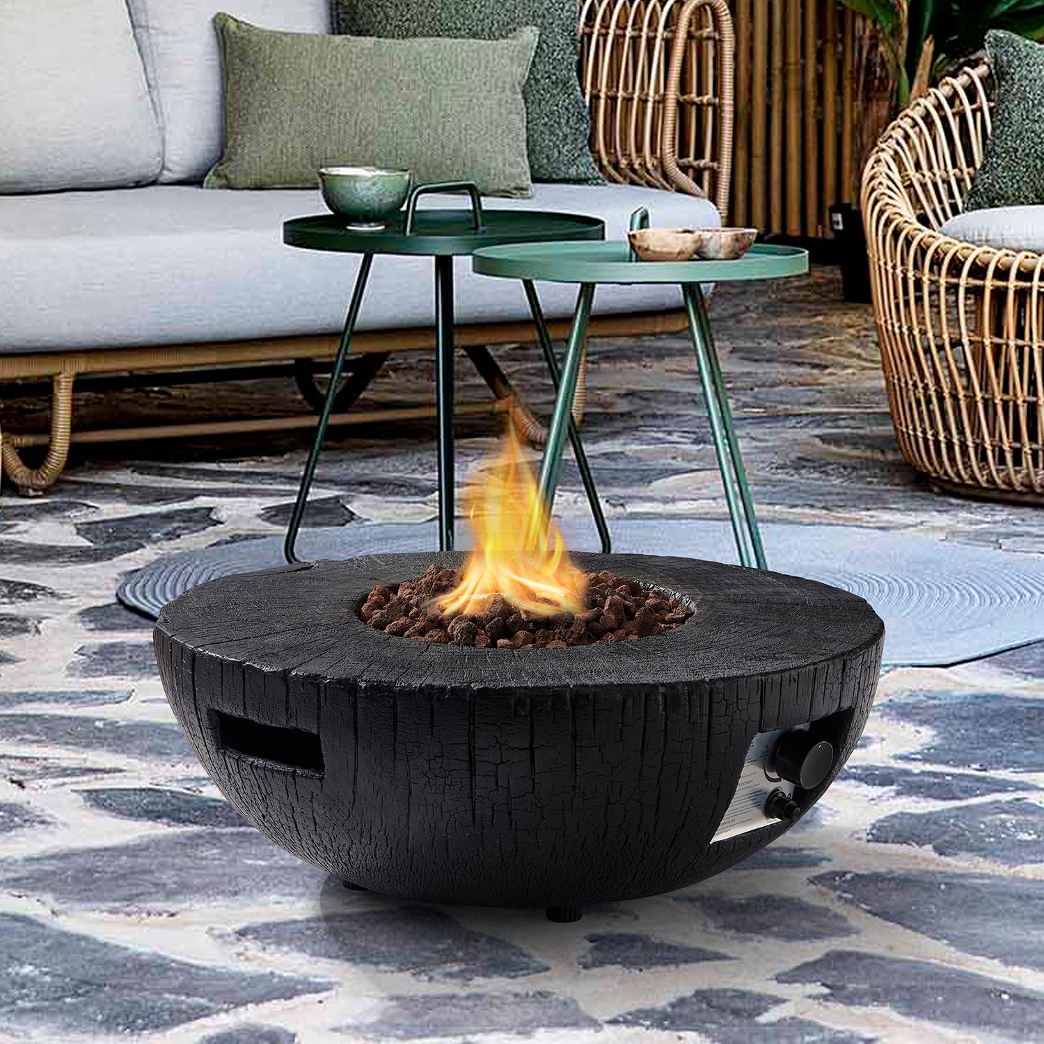 Round Outdoor Charred Wood Effect Concrete Gas Fire Bowl