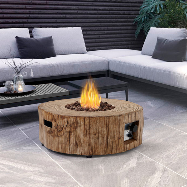 Round Outdoor Gas Fire Bowl Rustic Wood Effect