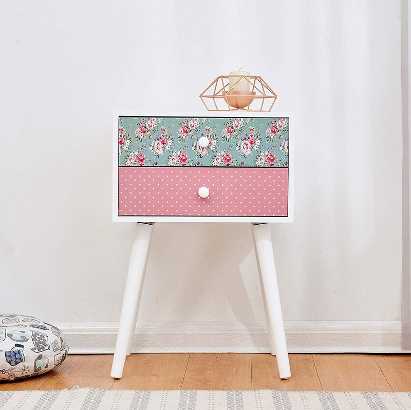 Cherry Tree Furniture CANTERBURY Wooden 2-Drawer Bedside Table Nightstand, Rose & Polka Dot Pattern - daals