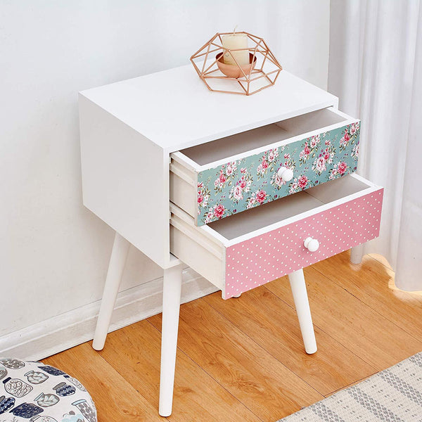 Cherry Tree Furniture CANTERBURY Wooden 2-Drawer Bedside Table Nightstand, Rose & Polka Dot Pattern - daals