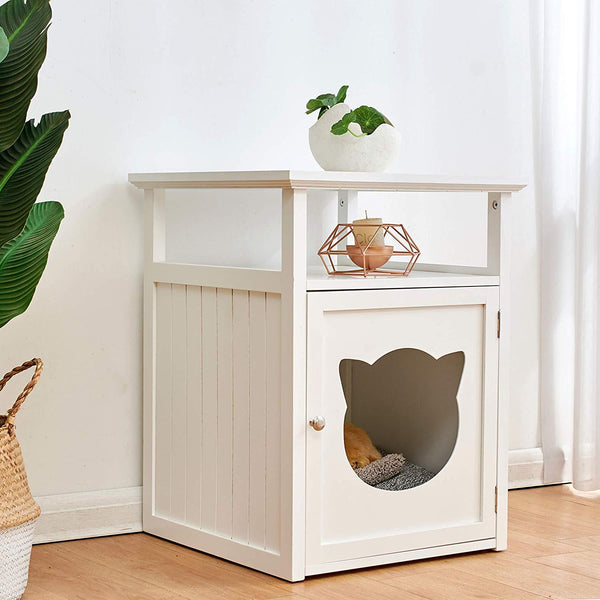 Bastet Wooden Cat Cave Bedside Cabinet Litter Box Cat House Nightstand White - daals