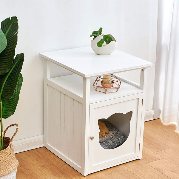 Bastet Wooden Cat Cave Bedside Cabinet Litter Box Cat House Nightstand White - daals