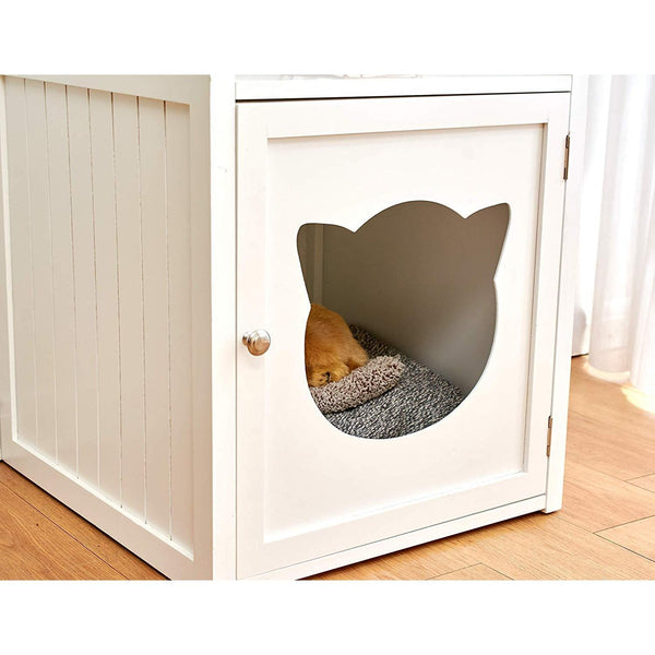 Bastet Wooden Cat Cave Bedside Cabinet Litter Box Cat House Nightstand White - daals