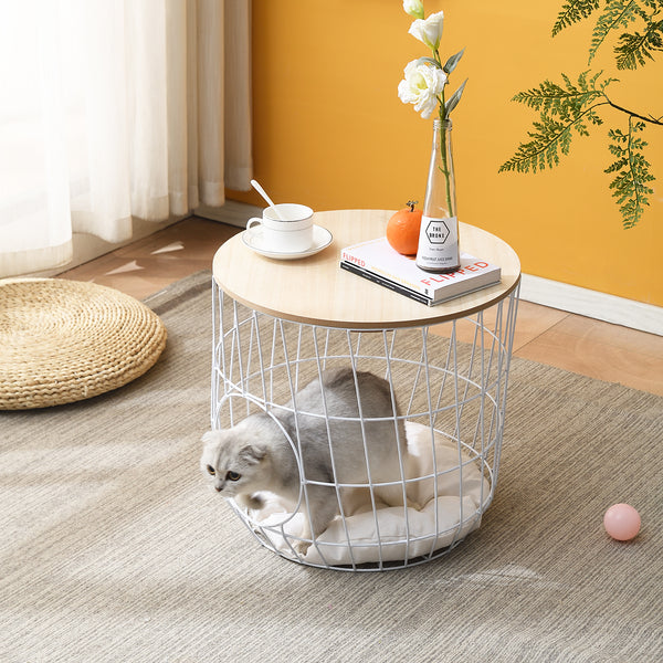 Mau Side Table/Indoor Cat House with Cushion (White)