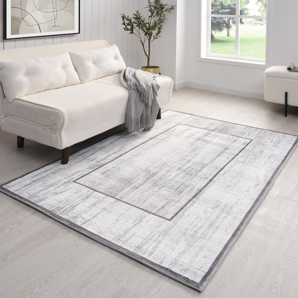 Border White and Grey Distressed Rug 140 x 200 cm