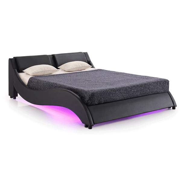 CORVUS Faux Leather Upholstered Bed Frame with Underbed LED Lights, Black - daals