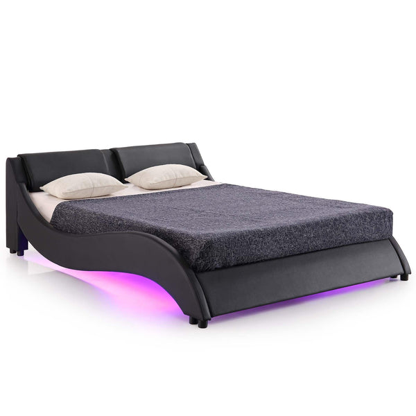 CORVUS Faux Leather Upholstered Bed Frame with Underbed LED Lights, Black - daals
