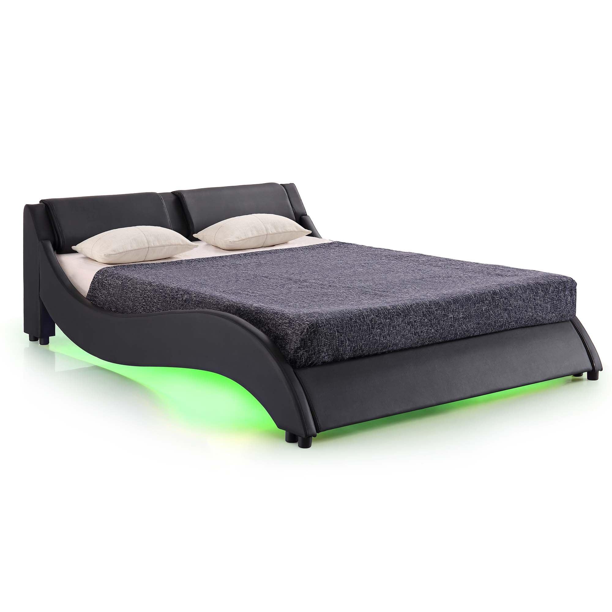 CORVUS Faux Leather Upholstered Bed Frame with Underbed LED Lights, Black