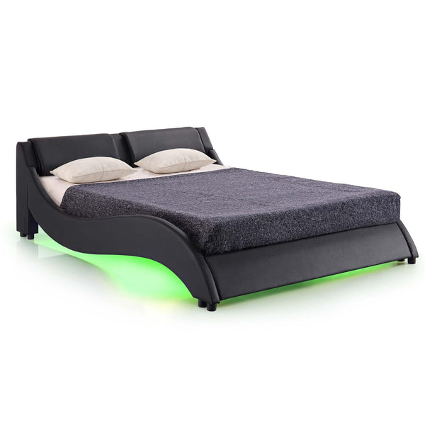 CORVUS Faux Leather Upholstered Bed Frame with Underbed LED Lights, Black - daals