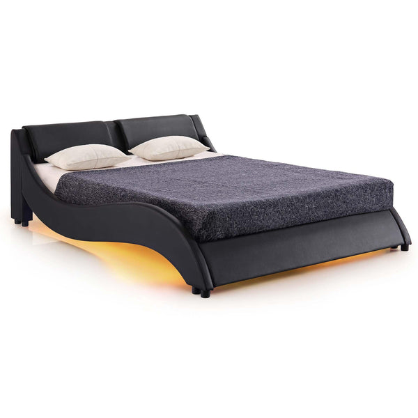 CORVUS Faux Leather Upholstered Bed Frame with Underbed LED Lights, Black - daals