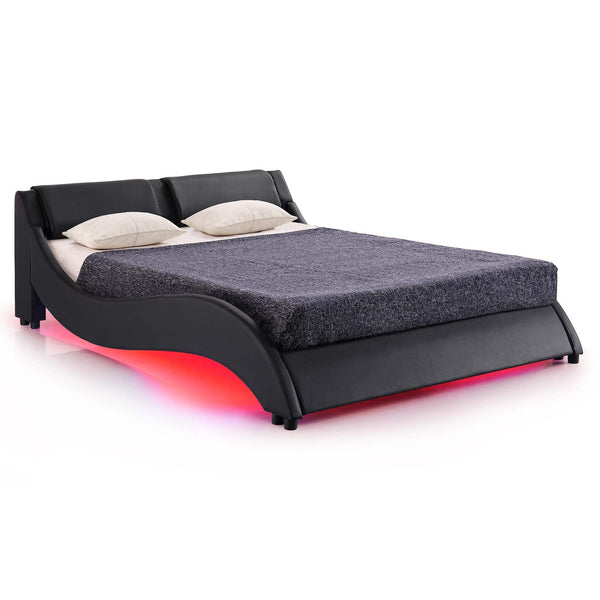 CORVUS Faux Leather Upholstered Bed Frame with Underbed LED Lights, Black - daals