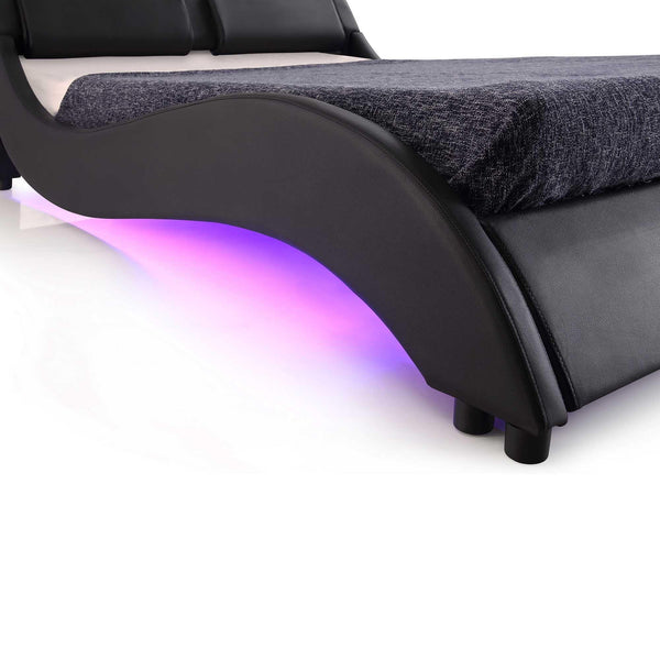 CORVUS Faux Leather Upholstered Bed Frame with Underbed LED Lights, Black - daals