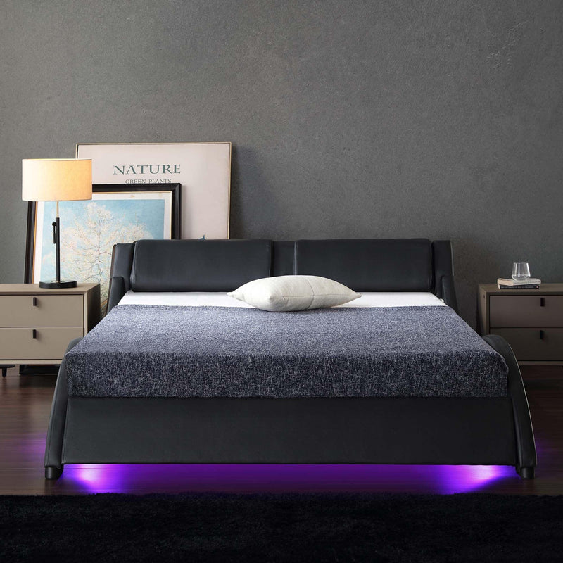 CORVUS Faux Leather Upholstered Bed Frame with Underbed LED Lights, Black - daals